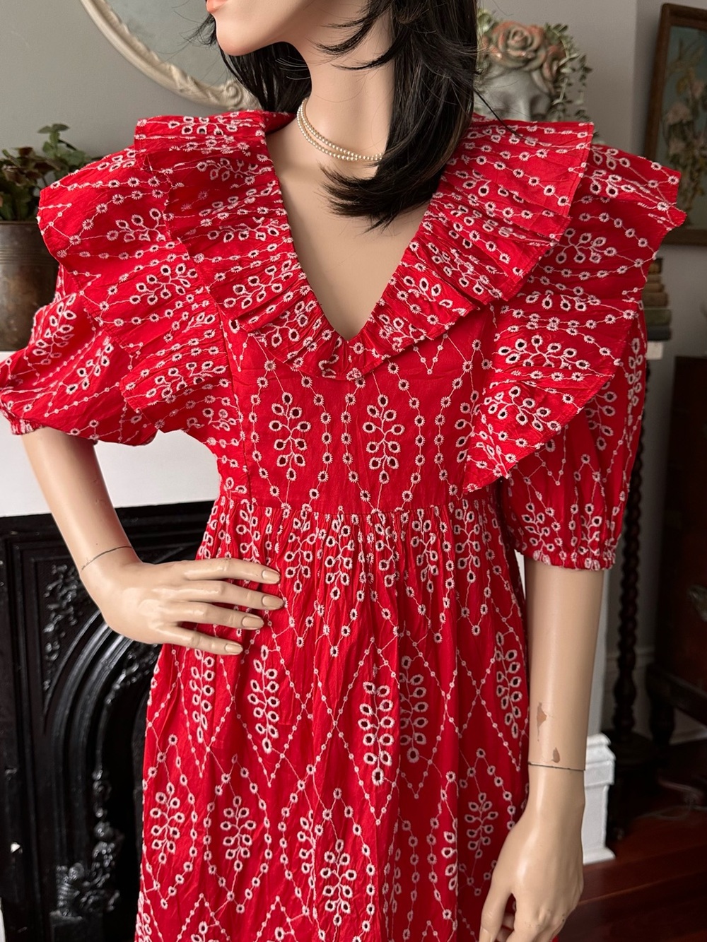 Zara Red Patterned Ruffled Midi Dress - Picture 4 of 7